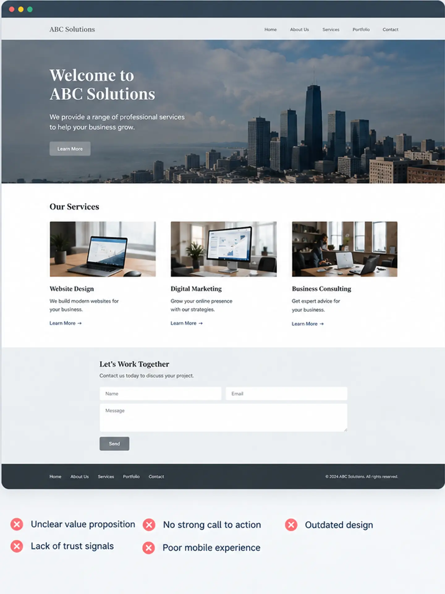 Outdated business website with poor user experience