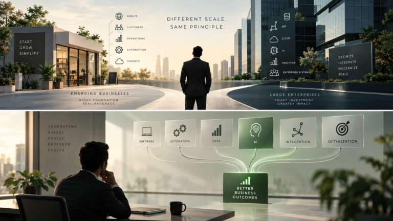 Business decision-maker evaluating AI, automation, software and data before making a technology investment.